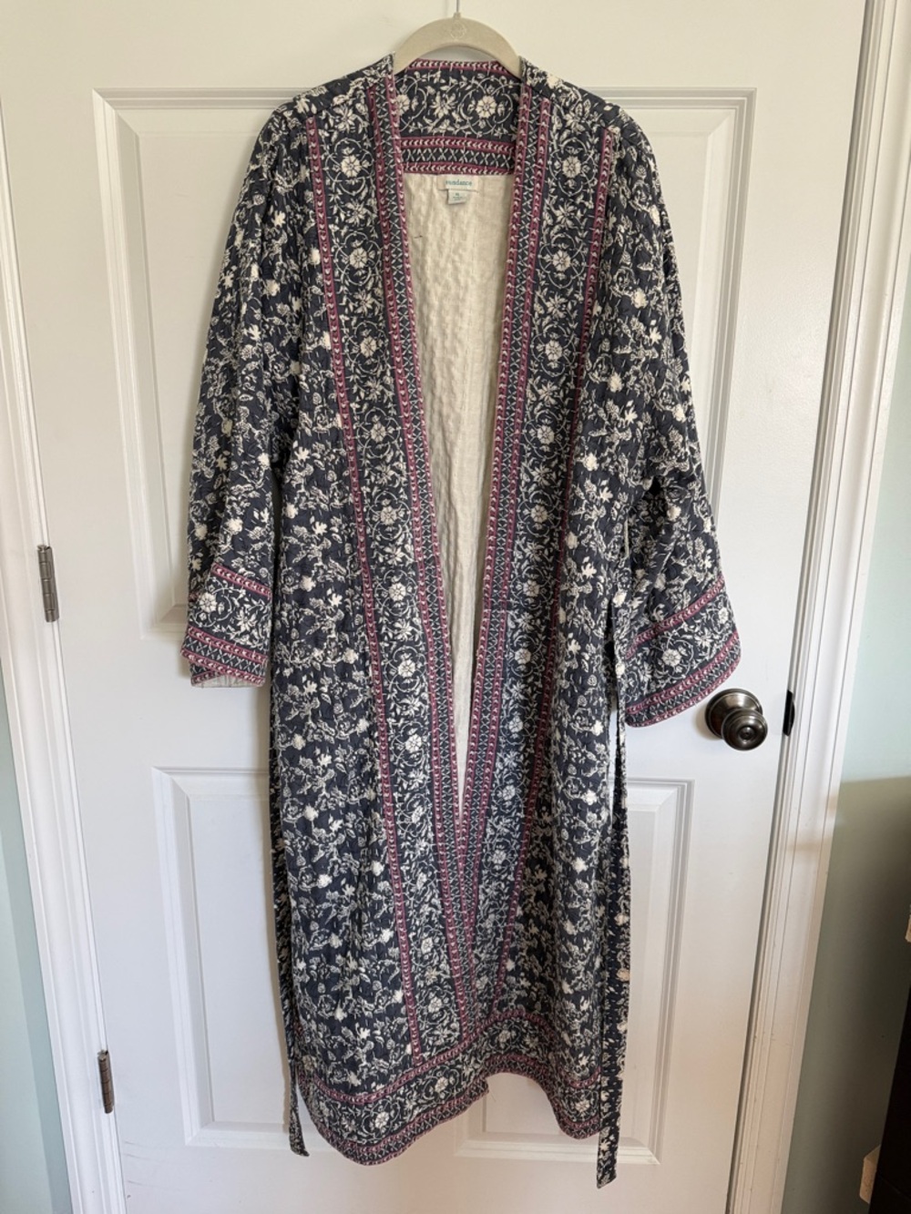 Sundance Floral Long Open Kimono Robe in Navy & Cream with Pink Trim